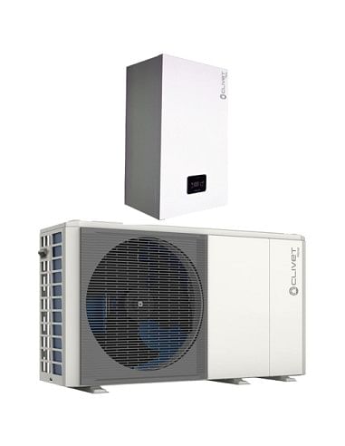 Sistema di riscaldamento ibrido compatto Clivet R32 composto da pompa di calore monofase Aria-Acqua 15,90kW integrata con cal...