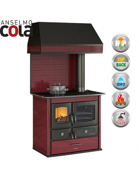 Termocucina a legna 13 kW Idro Anselmo Cola Termo Helena Comby con rivestimento in acciaio colore Bordeaux - Climaway