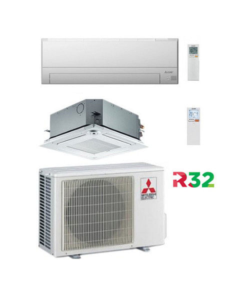 Climatizzatore Condizionatore Mitsubishi Cassetta + Split R32 SLZ-M + MSZ-BT Dual Split Inverter 12000 + 9000 BTU con U.E. MX...