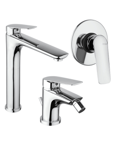 Set Rubinetti Piralla per lavabo alto e bidet con scarico automatico e doccia incasso serie Lago cromato - Climaway