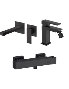 Set Rubinetti Jacuzzi per lavabo a parete e bidet senza scarico e doccia esterno serie Twinkle YO nero opaco - Climaway