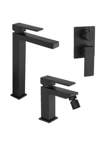 Set Rubinetti Jacuzzi per lavabo alto e bidet senza scarico e doccia incasso con deviatore serie Twinkle YO nero opaco - Clim...