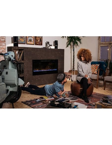 Caminetto elettrico a led da incasso con vetro MaisonFire serie Thera Mini con ciottoli di vetro - Riscaldamento attivabile :...