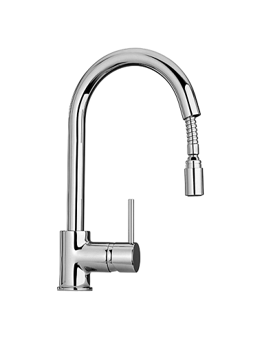 Rubinetto Miscelatore monoforo per lavello cucina Piralla serie Essenza con canna alta orientabile e doccia monogetto estraib...