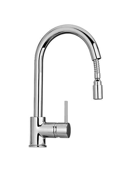 Rubinetto Miscelatore monoforo per lavello cucina Piralla serie Essenza con canna alta orientabile e doccia monogetto estraib...