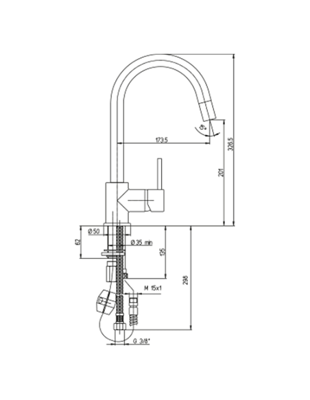 Rubinetto Miscelatore monoforo per lavello cucina Piralla serie Essenza con canna alta orientabile e doccia monogetto estraib...