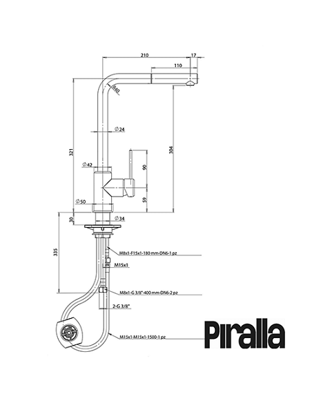 Rubinetto Miscelatore monoforo per lavello cucina Piralla serie Lione con canna alta orientabile e doccia monogetto estraibil...