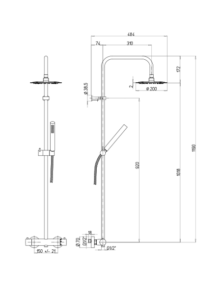 Colonna doccia Jacuzzi Sunset con miscelatore termostatico deviatore e supporto doccia 0SU00199JA01 con flessibile grigio - C...