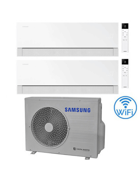 Climatizzatore Condizionatore Samsung WINDFREE PREMIÈRE Essential White Wifi Dual Split R32 Inverter 9000 + 12000 BTU con U.E...