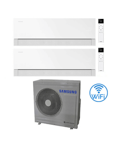 Climatizzatore Condizionatore Samsung WINDFREE PREMIÈRE Essential White Wifi Dual Split R32 Inverter 9000 + 12000 BTU con U.E...
